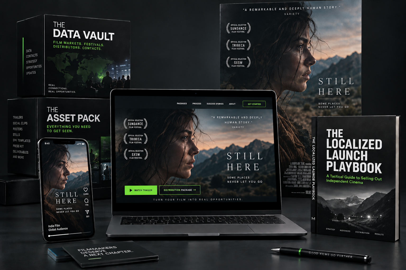The film launch package: a laptop showing the film website, a hardcover launch playbook, a smartphone playing a vertical social clip, a key art poster and organized asset boxes